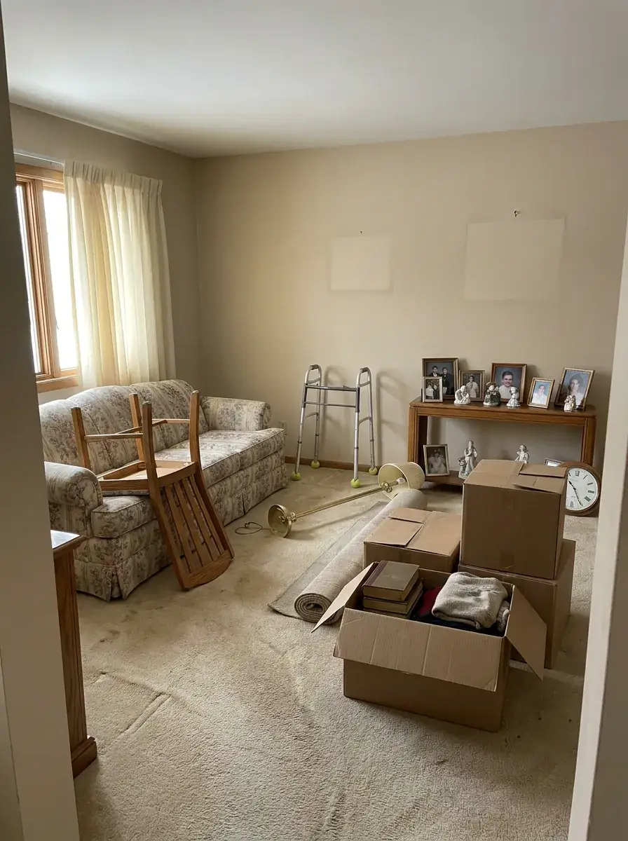 Living room filled with furniture and personal belongings before estate cleanout
