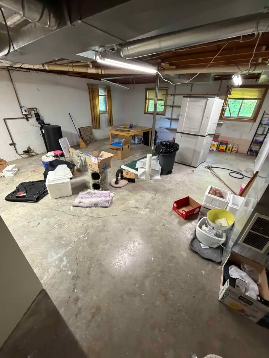 Living room with old couches and household furniture before removal